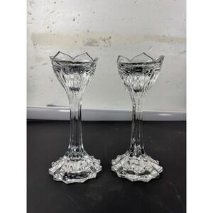 Vintage Heavy Tulip Shaped Clear Glass Candlesticks Cottagecore